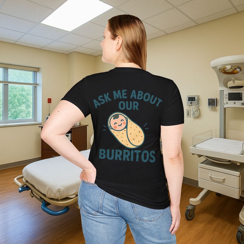 Humorous neonatal nurse t-shirt featuring a swaddled baby burrito design and playful text, perfect for NICU staff and available in multiple color options.