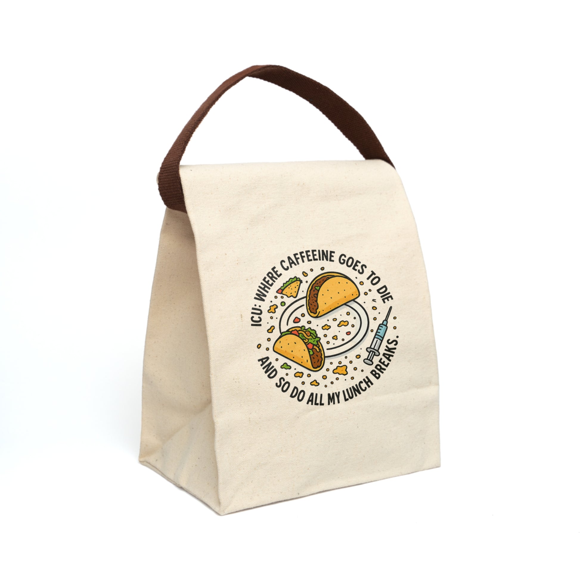 Sarcastic ICU lunch tote made of cotton canvas with secure closure and colorful chaotic print – designed for critical care night shift nurses