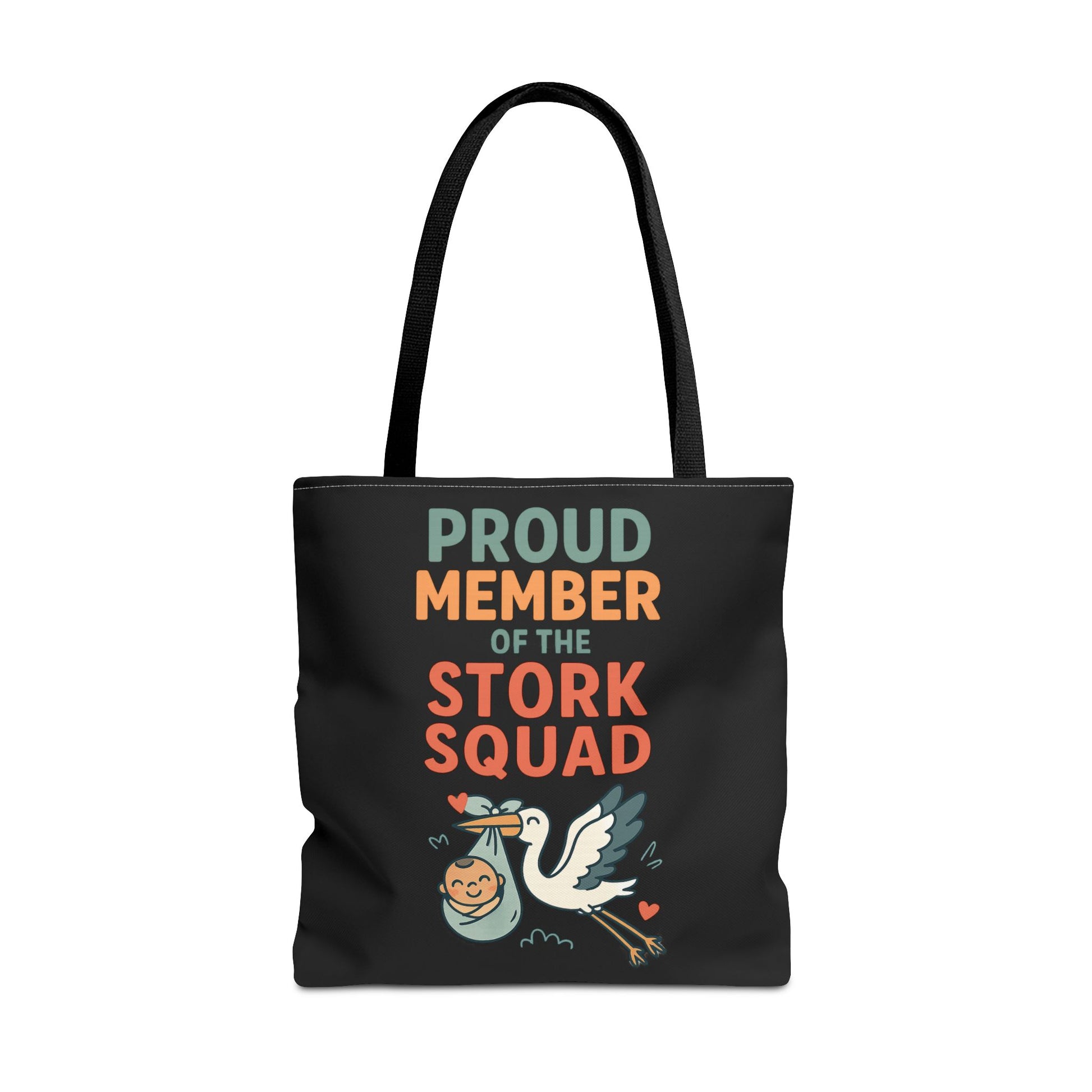 Stylish maternity nurse tote bag featuring a cartoon stork and baby design, ideal as a baby shower gift or OB nurse appreciation present.