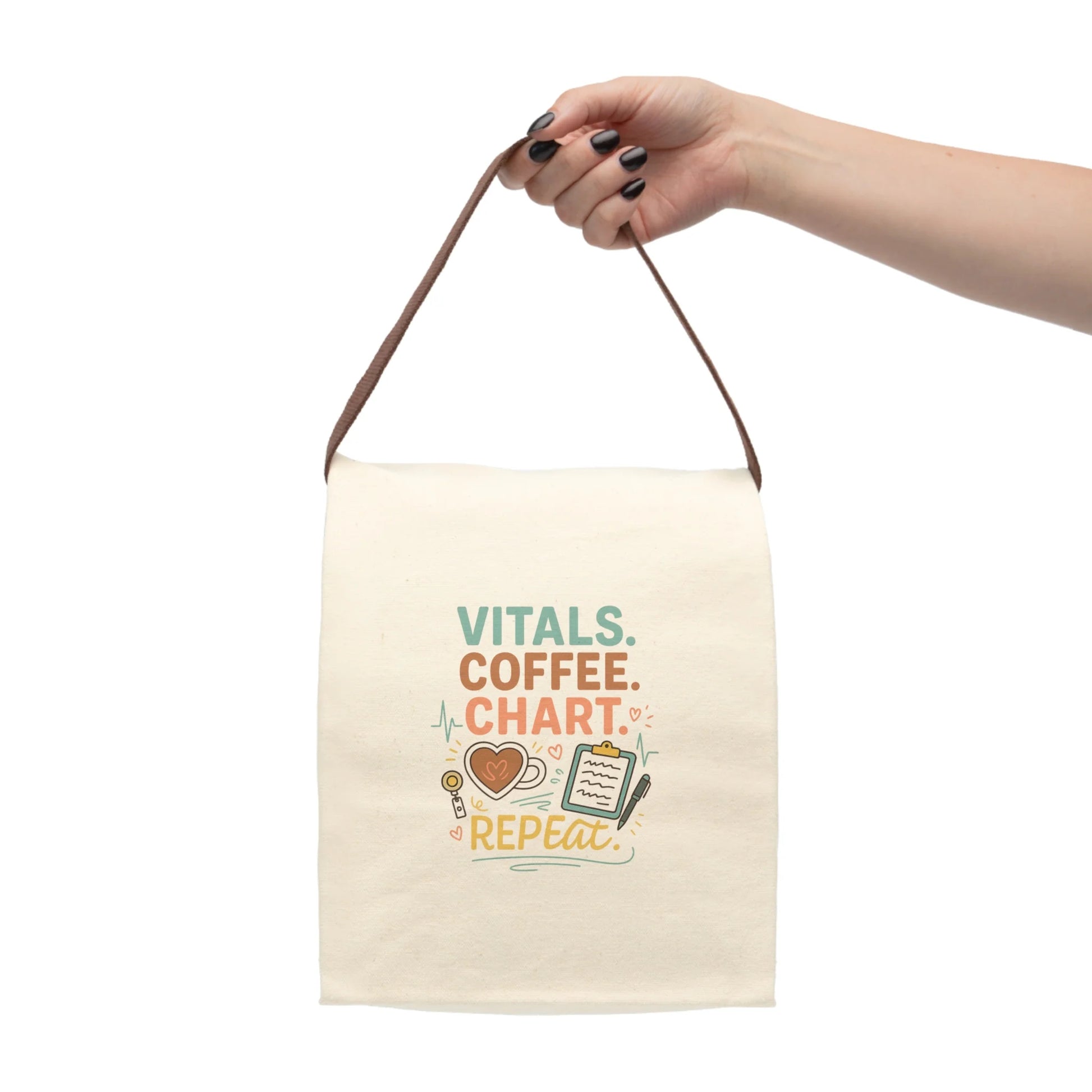 Canvas nurse lunch bag with brown handle featuring the phrase “Vitals. Coffee. Chart. Repeat.” surrounded by medical icons like a stethoscope, coffee cup, and clipboard.