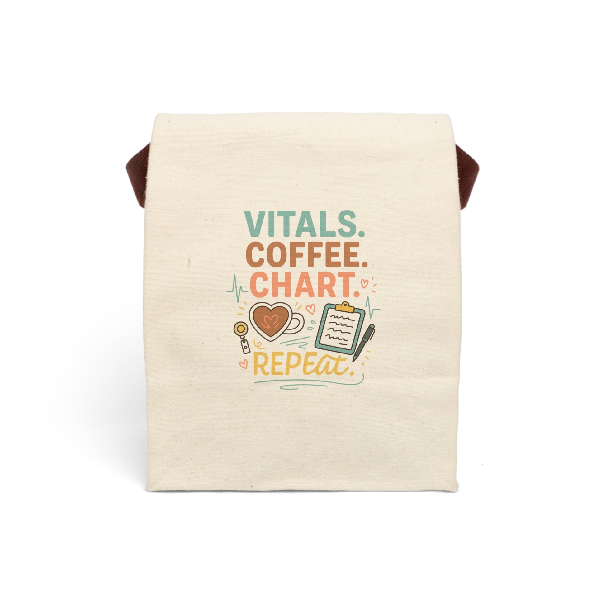 Funny nurse lunch bag for medical professionals with the text “Vitals. Coffee. Chart. Repeat.” Ideal for nurses, nursing students, and healthcare workers.

