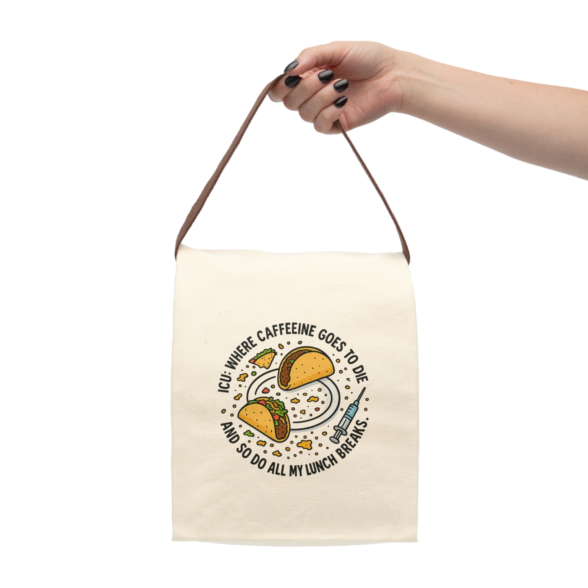 Nurse lunch bag for work with medical humor, vibrant design, and taco mess – ideal ICU nurse appreciation gift

